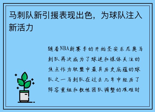 马刺队新引援表现出色，为球队注入新活力